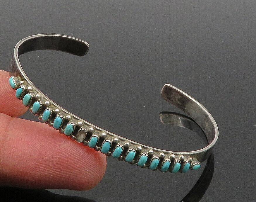 ZUNI NAVAJO 925 Sterling Silver - Vintage Turquoise Cuff Bracelet - BT8206