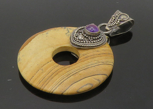 925 Sterling Silver - Vintage Jasper & Amethyst Open Circle Pendant - PT12057