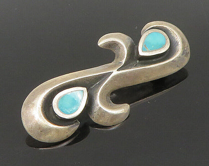 ZUNI NAVAJO 925 Silver - Vintage Inlay Turquoise Eye Motif Brooch Pin - BP9465