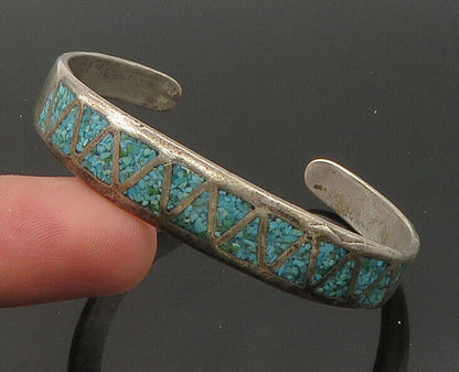 ZUNI NAVAJO 925 Sterling Silver - Vintage Turquoise Cuff Bracelet - BT8740