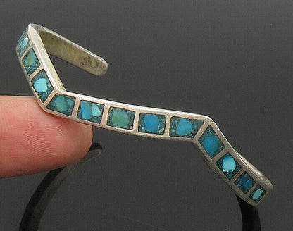 ZUNI NAVAJO 925 Silver - Vintage Inlaid Turquoise Pointed Cuff Bracelet - BT9468