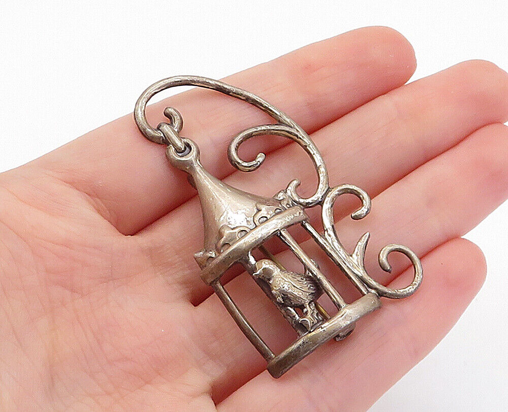 LANG 925 Sterling Silver - Vintage Bird In Cage Swirl Detail Brooch Pin - BP2360