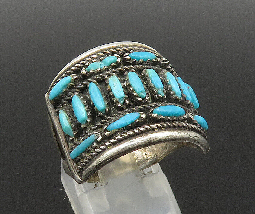 ZUNI NAVAJO 925 Silver - Vintage Needlepoint Turquoise Ring Sz 9.5 - RG24296