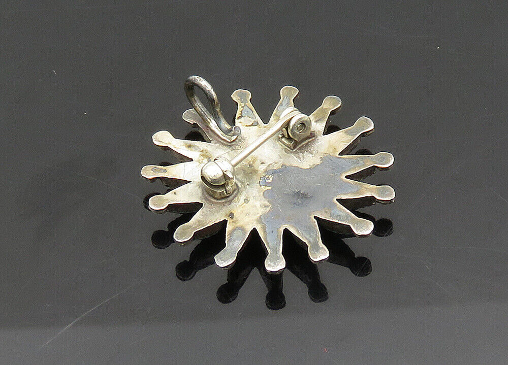 ZUNI NAVAJO 925 Sterling Silver - Vintage Turquoise Floral Brooch Pin - BP8152