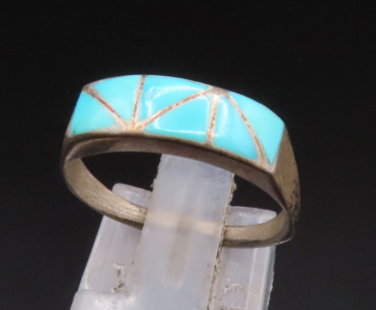 ZUNI NAVAJO 925 Silver - Vintage Turquoise Pattern Dome Ring Sz 7 - RG25102