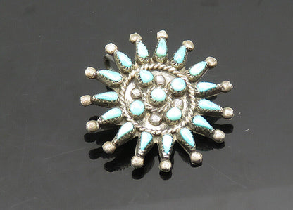 ZUNI NAVAJO 925 Sterling Silver - Vintage Turquoise Floral Brooch Pin - BP8152