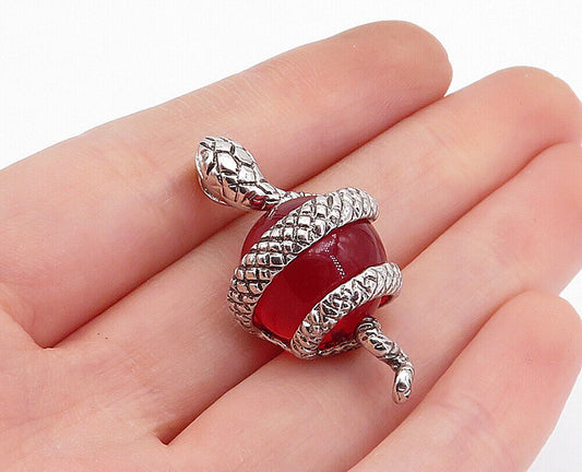 925 Sterling Silver - Red Topaz Sphere Wrapped Snake Motif Pendant - PT2778