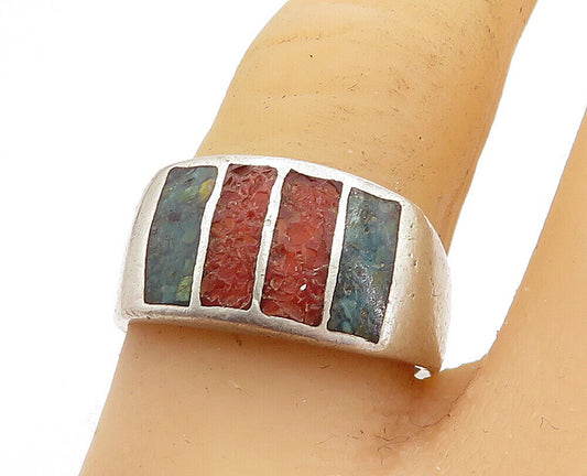 925 Sterling Silver - Vintage Antique Turquoise & Coral Band Ring Sz 8 - RG5030