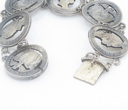 925 Sterling Silver - Vintage Antique Oxidized Coin Link Chain Bracelet - BT3376