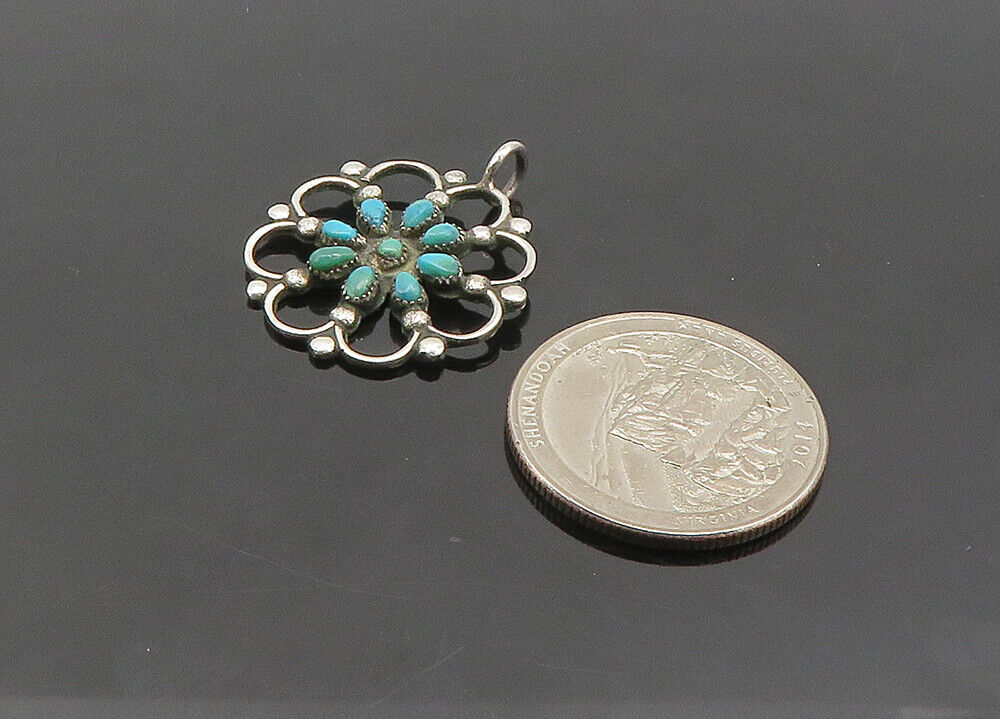 ZUNI NAVAJO 925 Sterling Silver - Vintage Turquoise Floral Pendant - PT17180