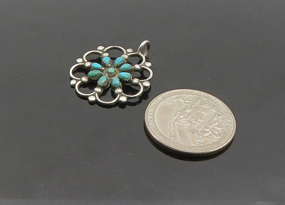 ZUNI NAVAJO 925 Sterling Silver - Vintage Turquoise Floral Pendant - PT17180