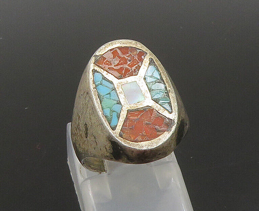 ZUNI NAVAJO 925 Silver - Vintage Turquoise & Coral Band Ring Sz 4.5 - RG22900