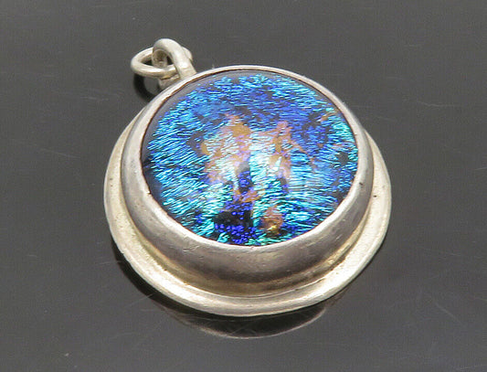 925 Sterling Silver - Vintage Glass Art Round Dome Drop Pendant - PT10240