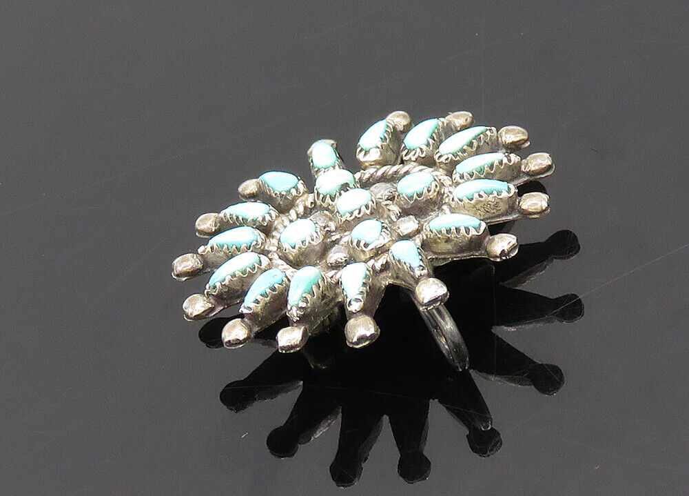 ZUNI NAVAJO 925 Sterling Silver - Vintage Turquoise Floral Brooch Pin - BP8152