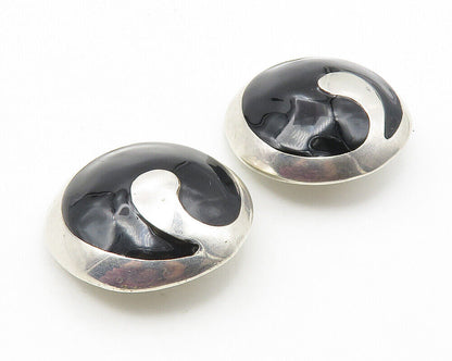 DESIGNER 925 Sterling Silver  - Vintage Black Onyx Non Pierce Earrings - EG5764