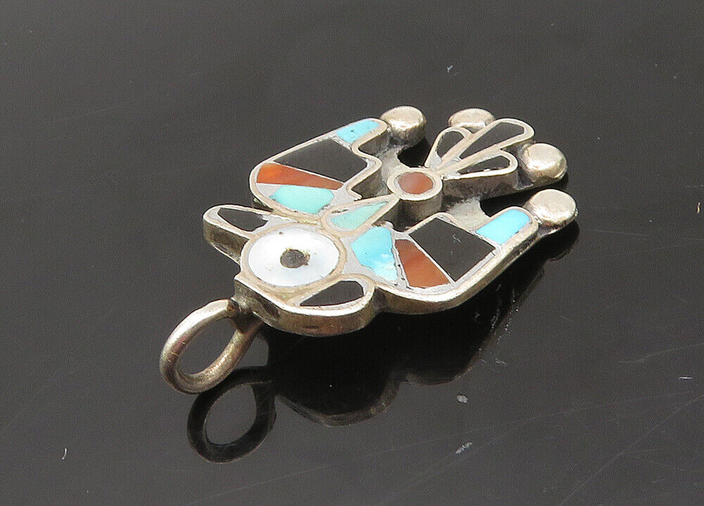 ZUNI 925 Silver - Vintage Turquoise Onyx & Multi-Stone Phoenix Pendant - PT16830