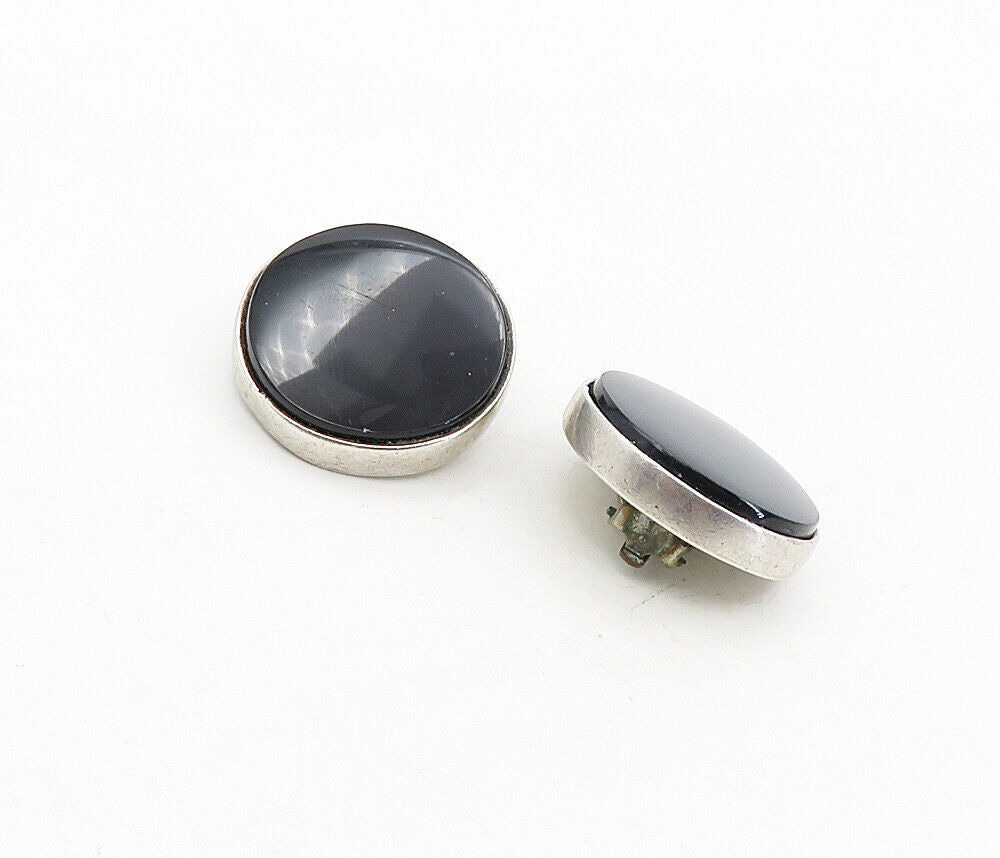 MEXICO 925 Silver - Vintage Black Onyx Non Pierce Button Drop Earrings - EG4589