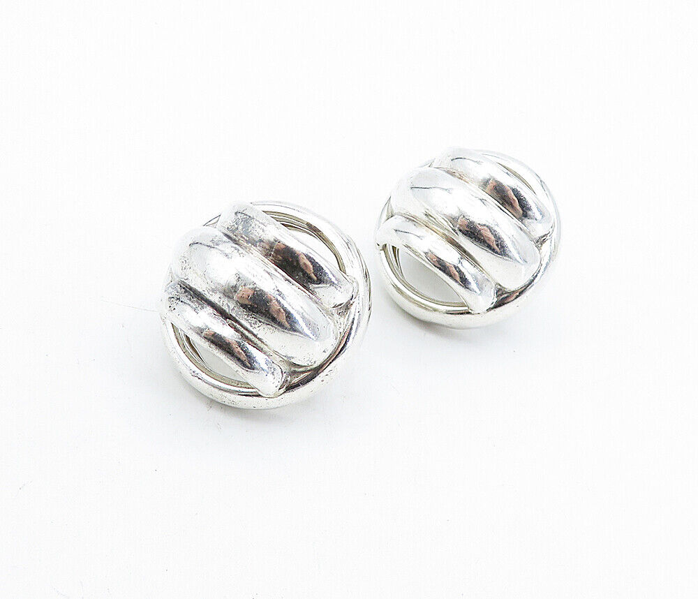 925 Sterling Silver - Vintage Polished Fluted Dome Non Pierce Earrings - EG2417