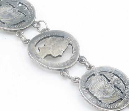 925 Sterling Silver - Vintage Antique Oxidized Coin Link Chain Bracelet - BT3376