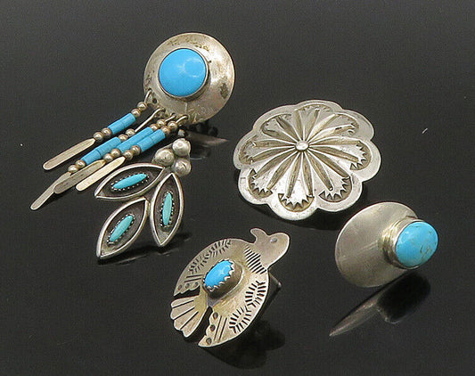 ZUNI NAVAJO 925 Silver - Vintage Turquoise Floral Lot Single Earrings - EG11219