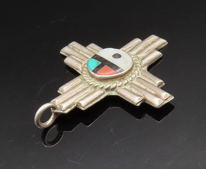 ZUNI NAVAJO 925 Silver - Vintage Fluted Cross Mother Of Pearl Pendant - PT20512