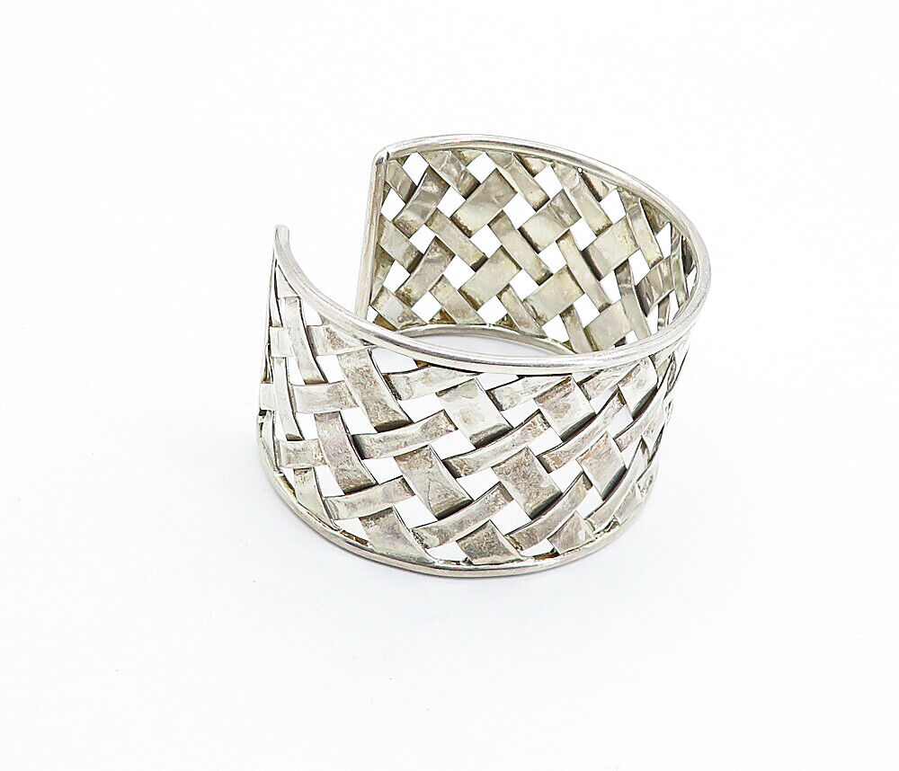 925 Sterling Silver - Vintage Basket Weave Design Wide Cuff Bracelet - BT2209