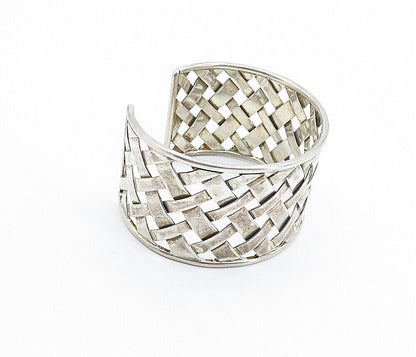 925 Sterling Silver - Vintage Basket Weave Design Wide Cuff Bracelet - BT2209