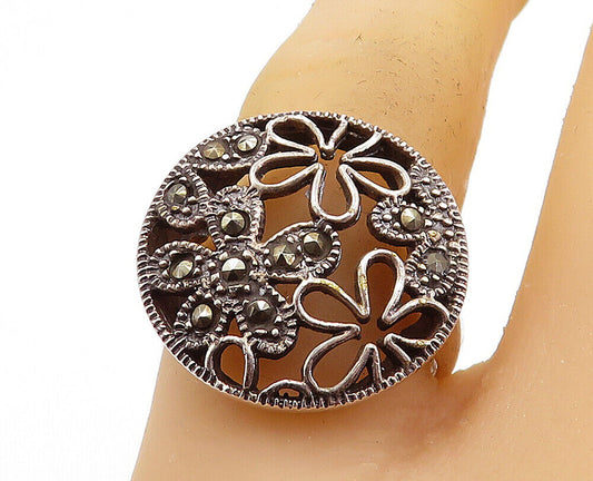 925 Sterling Silver - Vintage Marcasite Flowers Cocktail Ring Sz 7.5 - RG7968