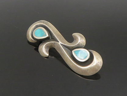 ZUNI NAVAJO 925 Silver - Vintage Inlay Turquoise Eye Motif Brooch Pin - BP9465