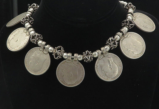 925 Sterling Silver - Vintage Antique Indian Rupee Coin Chain Necklace - NE1486