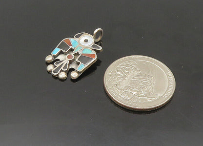 ZUNI 925 Silver - Vintage Turquoise Onyx & Multi-Stone Phoenix Pendant - PT16830