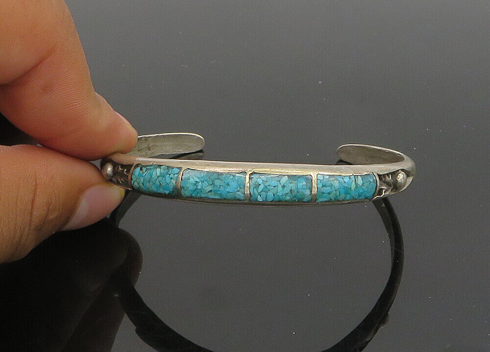 ZUNI NAVAJO 925 Silver - Vintage Crushed Turquoise Cuff Bracelet - BT8443