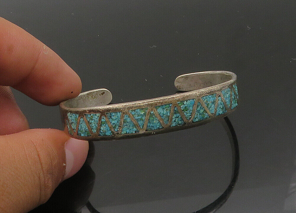 ZUNI NAVAJO 925 Sterling Silver - Vintage Turquoise Cuff Bracelet - BT8740