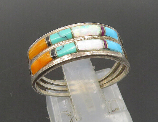 ZUNI NAVAJO 925 Silver - Vintage Turquoise & Multi-Stone Band Ring Sz 7- RG23936