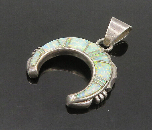 ZUNI NAVAJO 925 Silver - Vintage Fire Opal Crescent Moon Pendant - PT16892