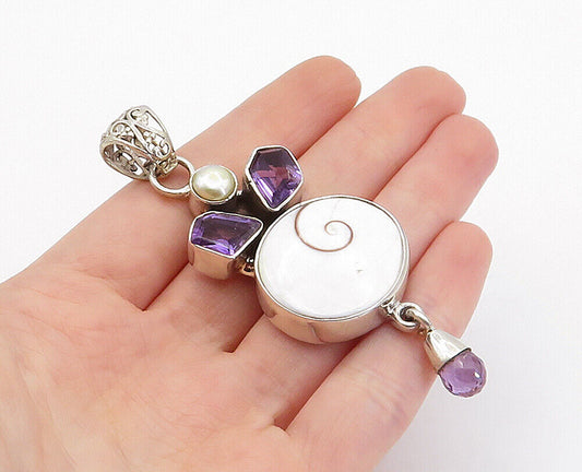 925 Sterling Silver - Vintage Shiva Eye Shell Amethyst & Pearl Pendant - PT3104