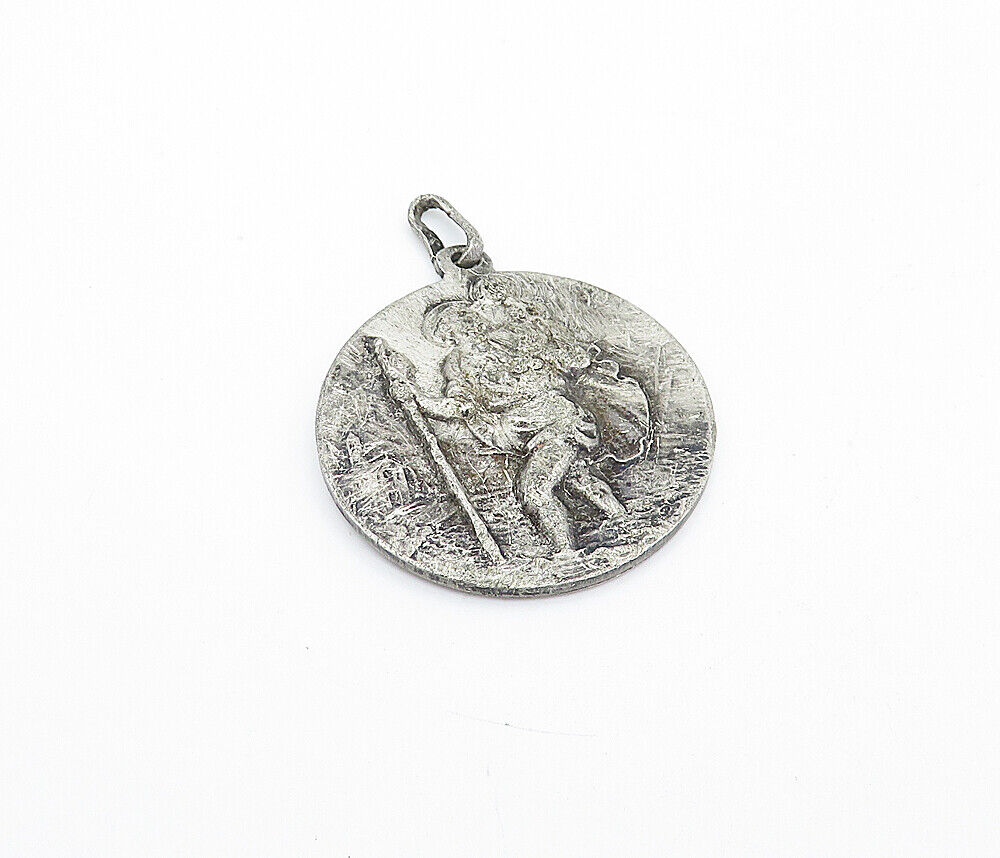 925 Sterling Silver - Vintage Antique Oxidized Saint Christopher Pendant- PT3074