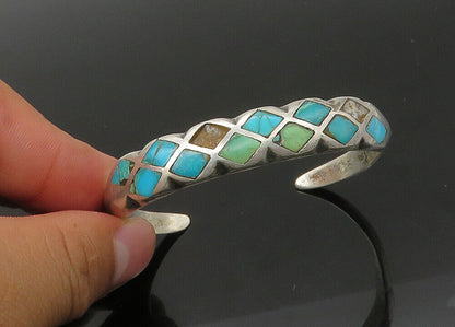 ZUNI NAVAJO 925 Sterling Silver - Vintage Turquoise Cuff Bracelet - BT8876