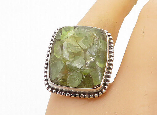 925 Sterling Silver - Peridot Cluster Square Fluted Cocktail Ring Sz 9 - RG8306