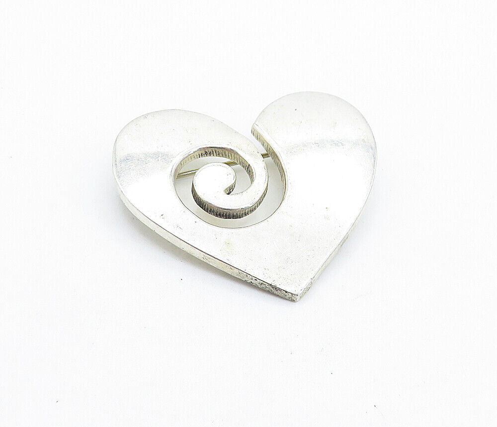 MEXICO 925 Sterling Silver - Vintage Shiny Spiral Love Heart Brooch Pin - BP2165