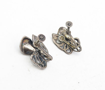 925 Sterling Silver - Vintage Dark Tone Floral Leaf Non Pierce Earrings - EG4048