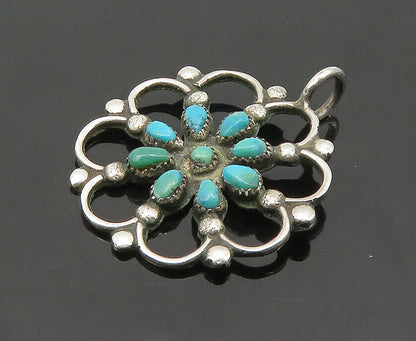 ZUNI NAVAJO 925 Sterling Silver - Vintage Turquoise Floral Pendant - PT17180