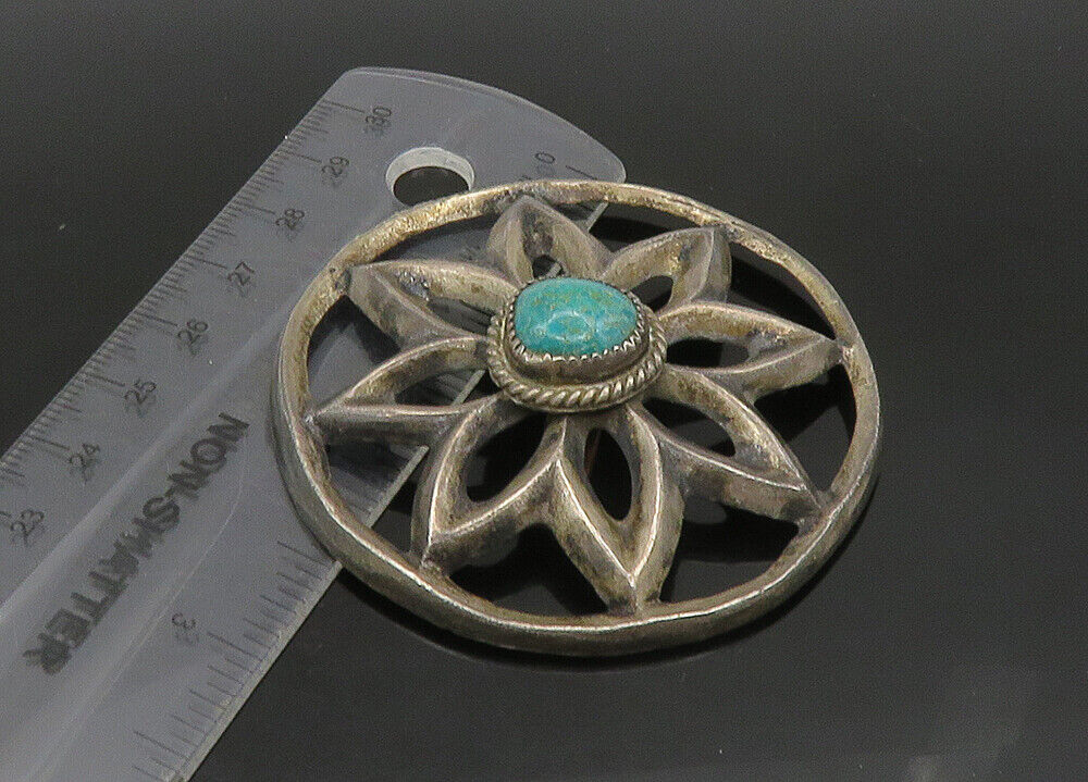 ZUNI NAVAJO 925 Silver - Vintage Turquoise Flower Motif Belt Buckle - TR3210