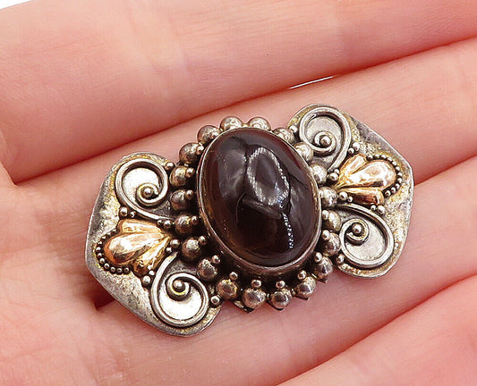 BALI 925 Sterling Silver - Vintage Cabochon Cut Smoky Topaz Brooch Pin - BP1907