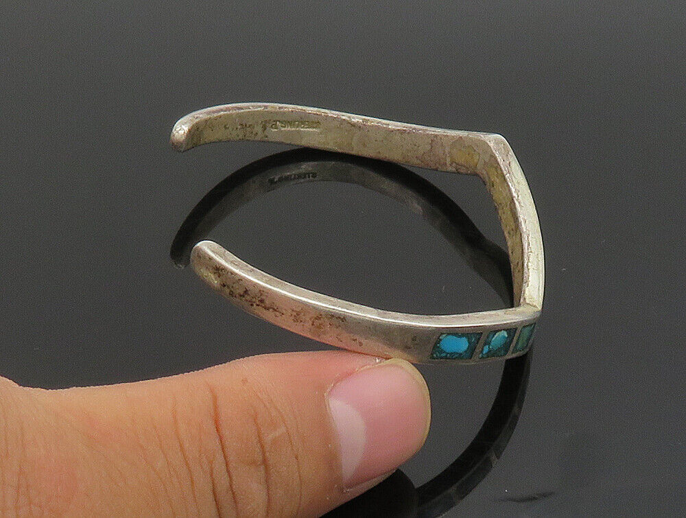 ZUNI NAVAJO 925 Silver - Vintage Inlaid Turquoise Pointed Cuff Bracelet - BT9468