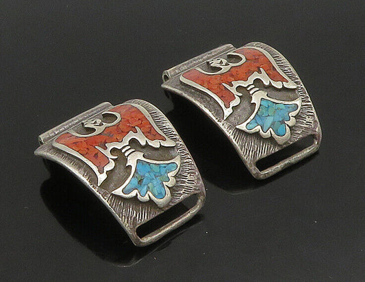 ZUNI NAVAJO 925 Sterling Silver - Vintage Turquoise & Coral Watch Clips - TR3126