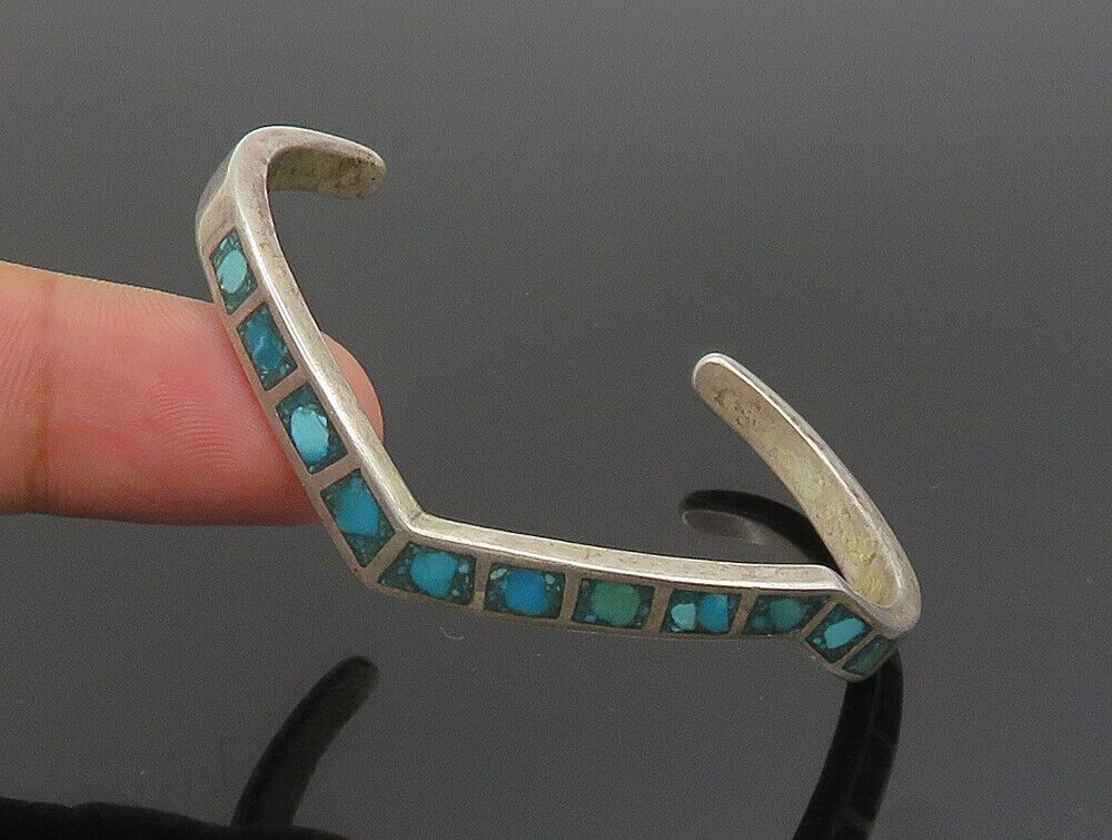 ZUNI NAVAJO 925 Silver - Vintage Inlaid Turquoise Pointed Cuff Bracelet - BT9468