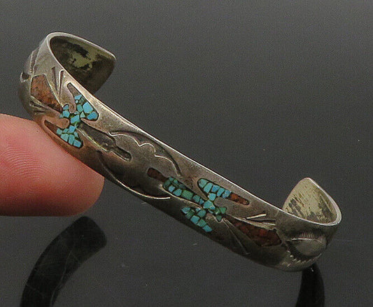 ZUNI NAVAJO 925 Silver - Vintage Inlaid Turquoise & Coral Cuff Bracelet - BT9005