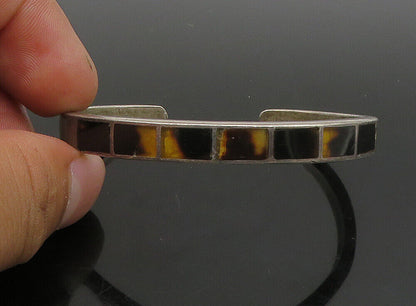 ZUNI NAVAJO 925 Silver - Vintage Inlaid Amber Rectangle Cuff Bracelet - BT9221