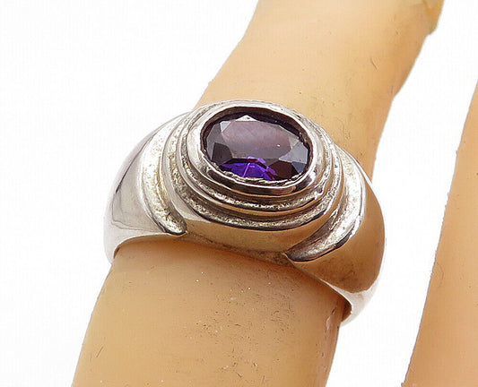 925 Sterling Silver - Vintage Amethyst Oval Dome Solitaire Ring Sz 6 - RG6525